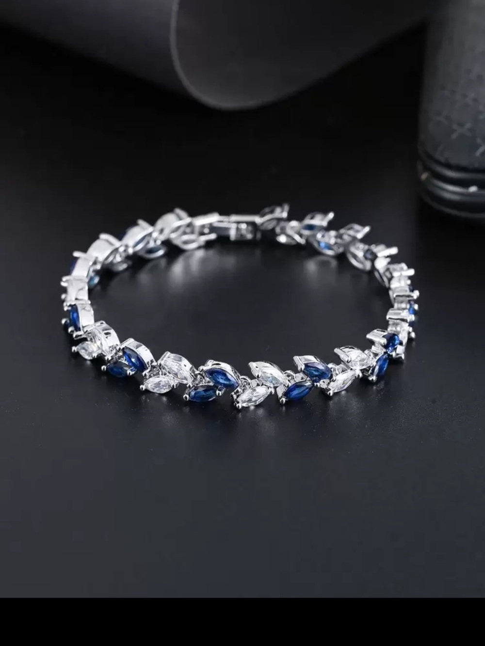 Silver Tennis Bracelet with Blue and Clear Marquise Stones - Women Jewelry